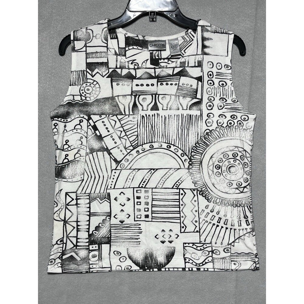 Chico's Womens Size 1 Black & White Geometric Cotton Knit Tank Top - Picture 2 of 5